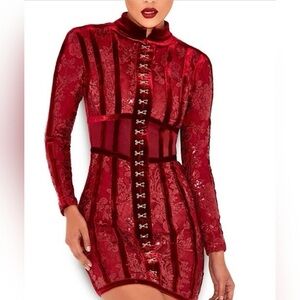 House of CB Misty Red Velvet & Floral Lace Hook-and-Eye Corset Mini Dress size S